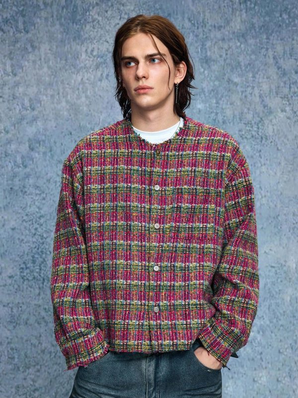 Pattern collarless tweed jacket